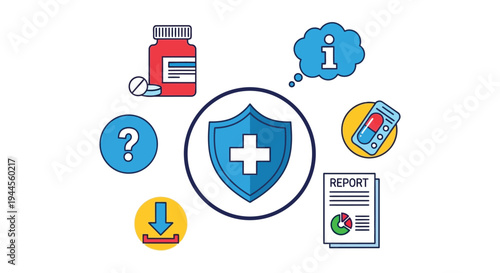 Healthcare safety information and reporting illustrated with colorful icons