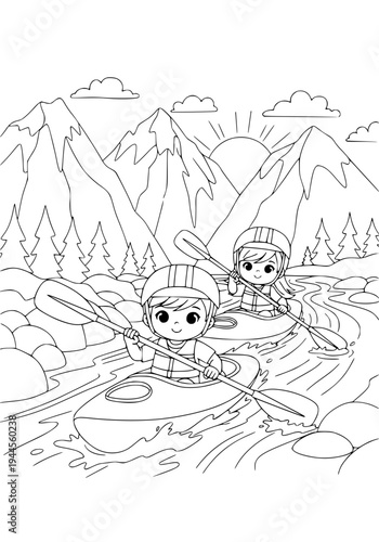 A boy and a girl kayaking down a mountain river. Coloring page
