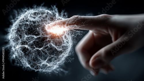 human finger touching a glowing digital neural network sphere. conceptual 3d illustration of artificial intelligence, global connectivity, and futuristic biotechnology.