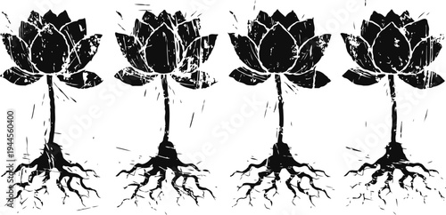 Grunge lotus flowers with roots set in a row, black floral plant design illustration