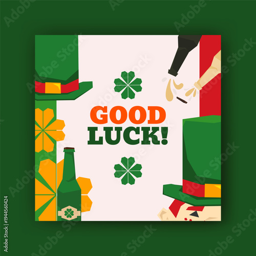 Good Luck! St. Patrick's Day square vector banner template. Beer splash opening bottle. Simple graphic holiday design. Cute leprechaun, top hat icon, many quatrefoils. Funny bright flyer, ads poster
