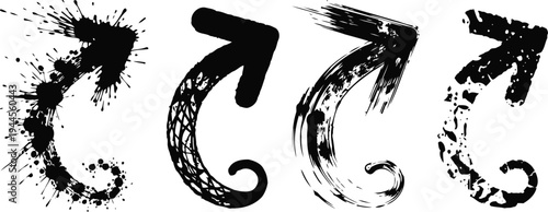 Grunge curved arrows set black ink splash design with textured brush strokes and artistic rough edges