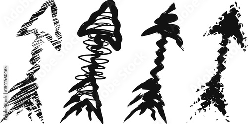abstract black arrow shapes with rough textured and scribbled brush stroke styles on white background
