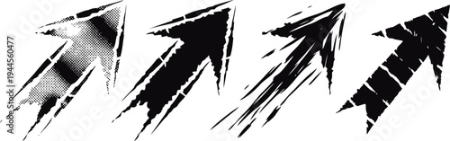 set of four black grunge arrows pointing upwards, distressed textured design elements