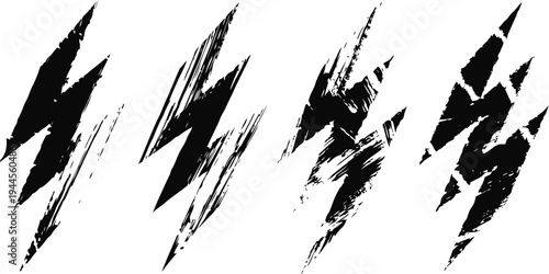 Grunge lightning bolt icons set distressed electric thunder shapes in black energy and power symbols