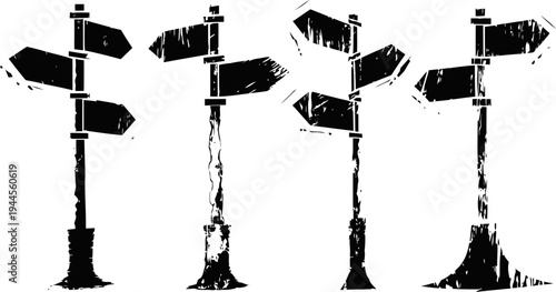 grunge directional signposts with multiple blank arrow boards on textured poles