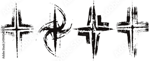Set of four black grunge crosses with rough brush stroke texture, religious symbols with artistic distressed design