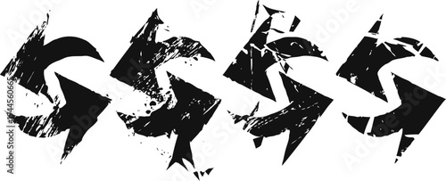 Four black grunge recycling arrows icons distressed circular eco recycle symbols set environmental sustainability concept