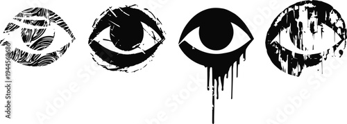 Abstract black and white eyes with artistic paint drip and grunge texture effects