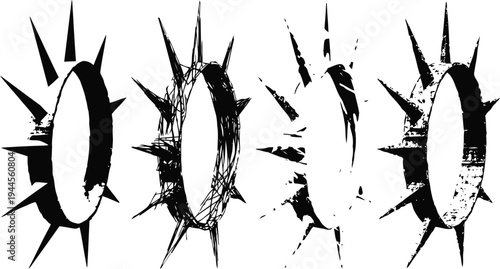 Set of vintage black grunge spiked rings with various sharp point designs and distressed texture