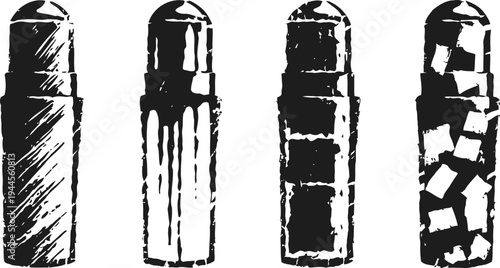 Four black and white hand drawn bullet sketches showing different textures and shading styles