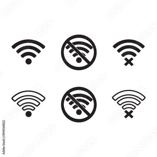 Wi-Fi Signal Icons Set – Wireless Network, No Wi-Fi and Connection Symbols Vector