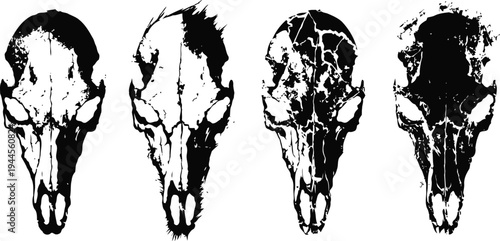 Four black and white skull illustrations with varied textures and cracks, isolated on white background