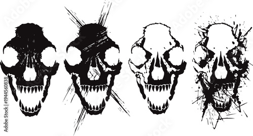 Grunge skull designs in black and white with dripping paint and splatter effects, horror art collection