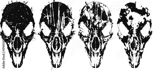 Grunge black bird skull silhouettes in four distressed vintage designs