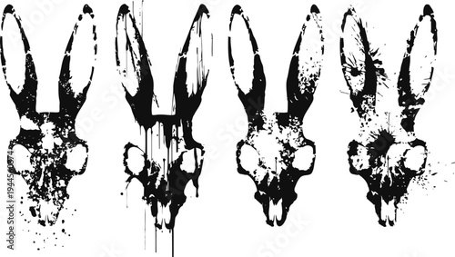Black and white skull illustrations of a deer with long ears in grunge set of four designs