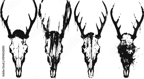 Skull silhouettes with antlers set four detailed deer skull designs in black and white