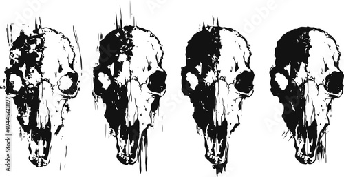 Grunge wolf skull illustration with distressed texture in black and white, spooky animal design