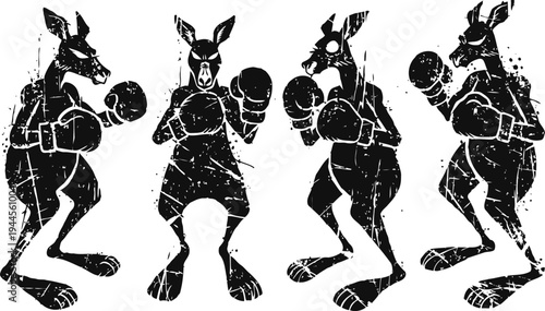 Four distressed kangaroo silhouettes with boxing gloves in various fighting poses