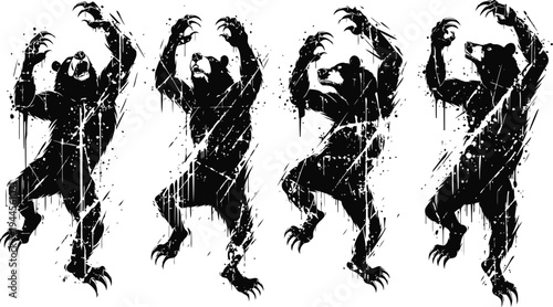 four black bear silhouettes standing and dancing with raised arms, isolated on white background