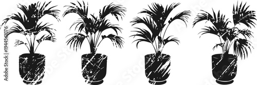 silhouettes of potted palm plants with long arching leaves in marble patterned containers