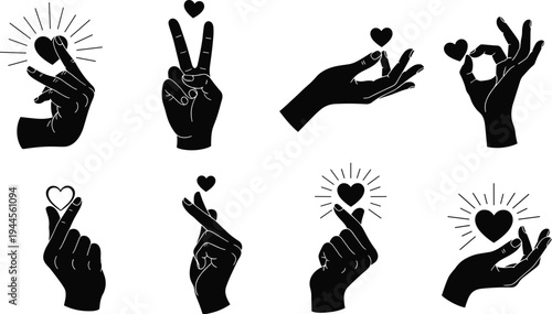 Hand gesture silhouette illustration with hearts, love symbols, finger heart design, peace sign artwork, romantic vector icon, affectionate pattern, minimalist style, emotional concept