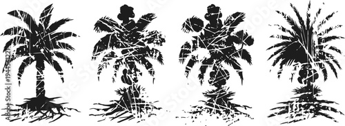 monochrome tropical palm tree silhouettes with detailed fronds and roots isolated on white background