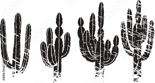 grunge black cactus silhouettes set desert succulents with textured distressed effect design