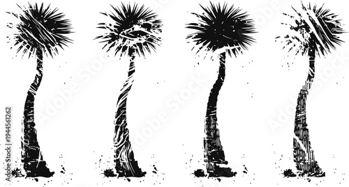 Four black silhouette palm trees blowing in the wind with curved trunks and spiky fronds