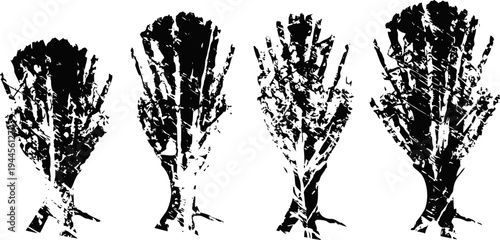 black ink silhouettes of four leafy vegetables with textured patterns and detailed veins