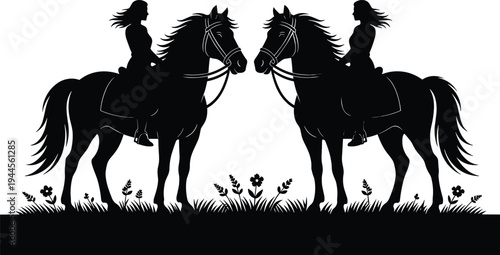 Horse riders silhouette vector illustration, equestrian art design, black and white horseback scene, floral ground detail, symmetrical composition, outdoor lifestyle graphic