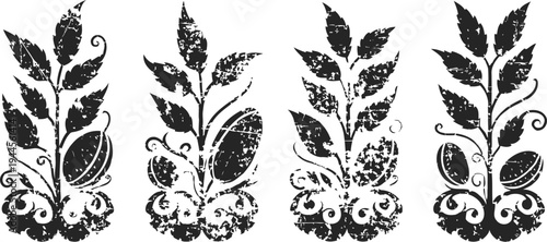 set of four vintage floral ornamental leaves with intricate stylized design in black silhouette