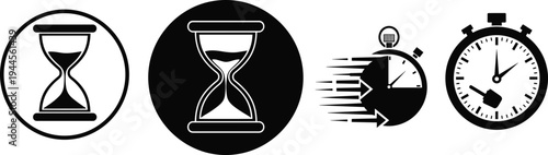 Hourglass and stopwatch icons, time measurement symbols, urgency and speed design, black and white vector illustration artwork, modern timing concept graphics