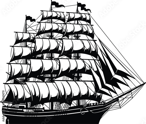 Historic tall sailing ship silhouette vector illustration, fully rigged vessel with multiple masts, square sails, maritime exploration, naval trade, Age of Sail artwork