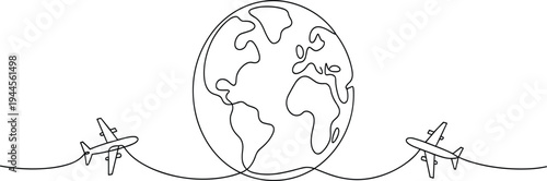 Airplane flying around world line art, global travel route illustration, international flight journey concept, aviation outline design