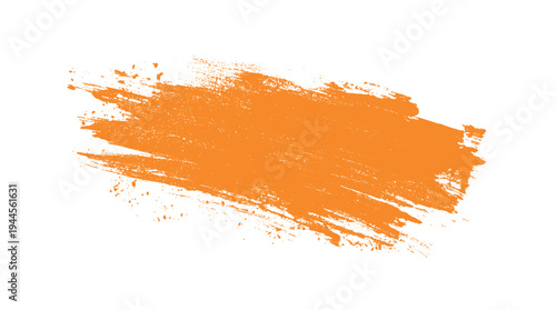 Orange paint brush stroke with splatter texture on white background