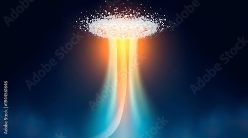 Abstract illustration of a glowing energy beam with particles rising from a dark blue background, symbolizing innovation, data transfer, or a futuristic concept.