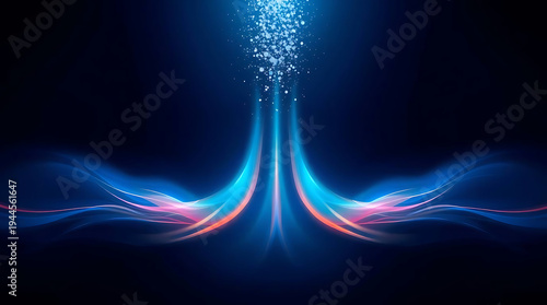 Abstract blue and pink light trails converging into a stream of glowing particles on a dark background, representing data flow, energy, or digital communication