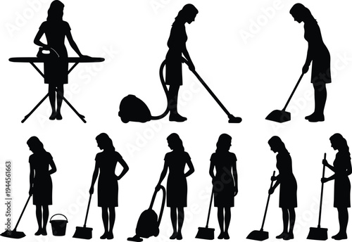 Household chores silhouettes, ironing clothes, vacuuming carpet, sweeping floor, mopping tiles, cleaning bucket, broom work, domestic labor, home maintenance, cleaning service illustration vector
