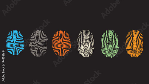 Six colorful fingerprint arranged horizontally on a black background identity identification unique individual