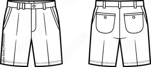 Belted Shorts CAD Drawing Flat Vector Illustration, Front and Back Technical Fashion Template Casual Summer Shorts Design