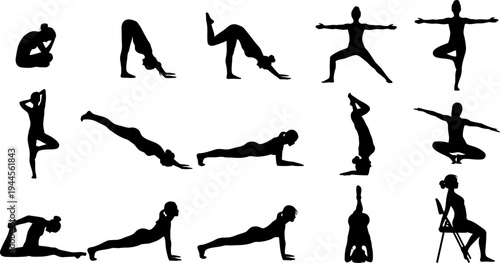 Collection of diverse yoga poses silhouettes, illustrating various fitness and meditation exercises.