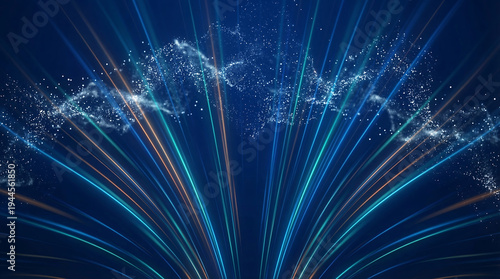 Abstract blue background with glowing light trails and particle waves, representing data flow, digital communication, and modern technology concepts for business presentations and web design