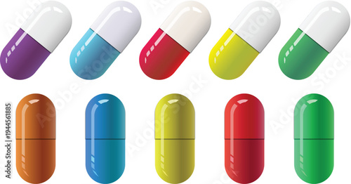Medical capsule and pill collection vector illustration featuring various colorful medicine drugs, pharmaceutical antibiotic supplements, and healthcare tablets set in high quality EPS format.