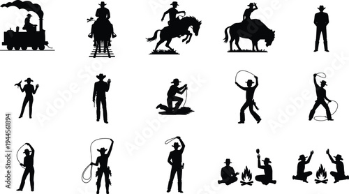 Cowboy western silhouettes collection set, rodeo rider lasso action icons, wild west cowboy characters pack, ranch lifestyle illustration