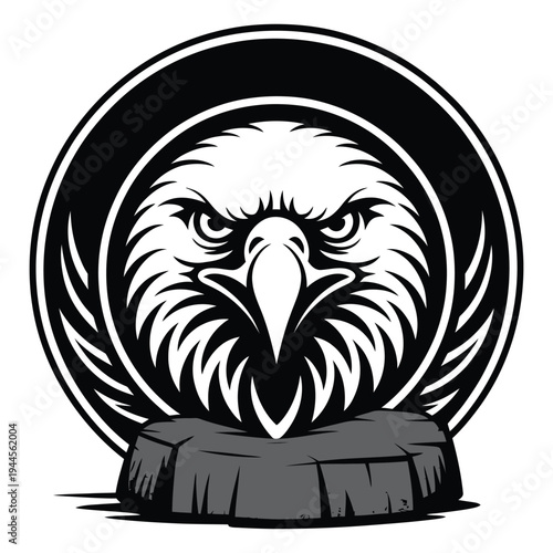 Eagle emblem perched atop a stylized tree stump within a circular frame