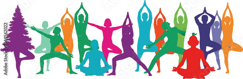 Vibrant colorful silhouettes of diverse people practicing various yoga poses and meditation