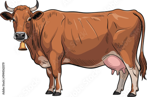 Brown dairy cow with udder and bell farm livestock animal illustration isolated agricultural cattle concept