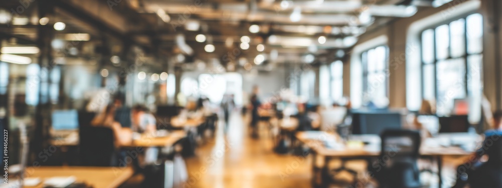 Fototapeta premium Collaborative Office Workspace with Blurred Focus on Employees Engaged in Teamwork and Innovation