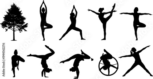 Collection of Yoga and Gymnastics Poses Silhouettes with a Pine Tree Vector Illustration